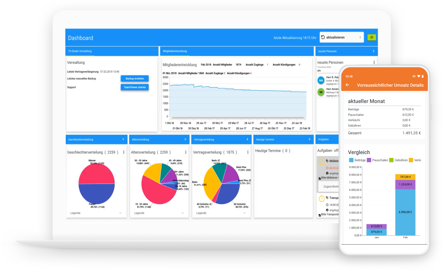 TS-Studio Verwaltungssoftware auf Laptop und Smartphone